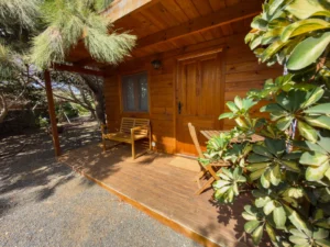 Veranda der Holzhütte Drago im Schatten der Bäume