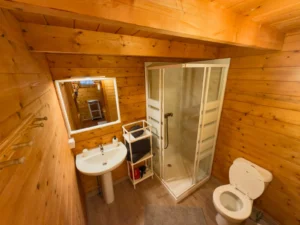 Salle de bain avec douche, lavabo et WC