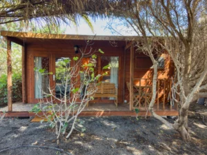Façade de la cabane Tabaiba avec porche en bois entre les arbres